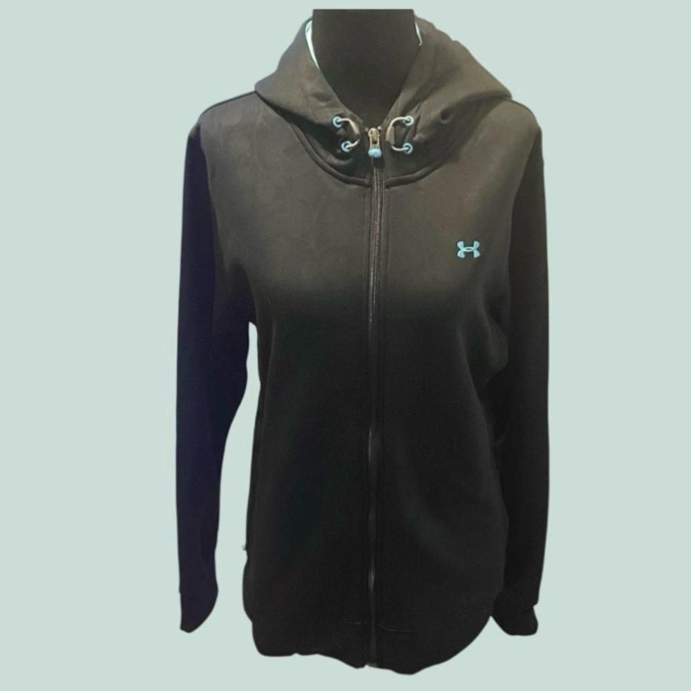 Under Armour Full Zip Fleece Lined Hoodie Size Large Black with Blue Hood